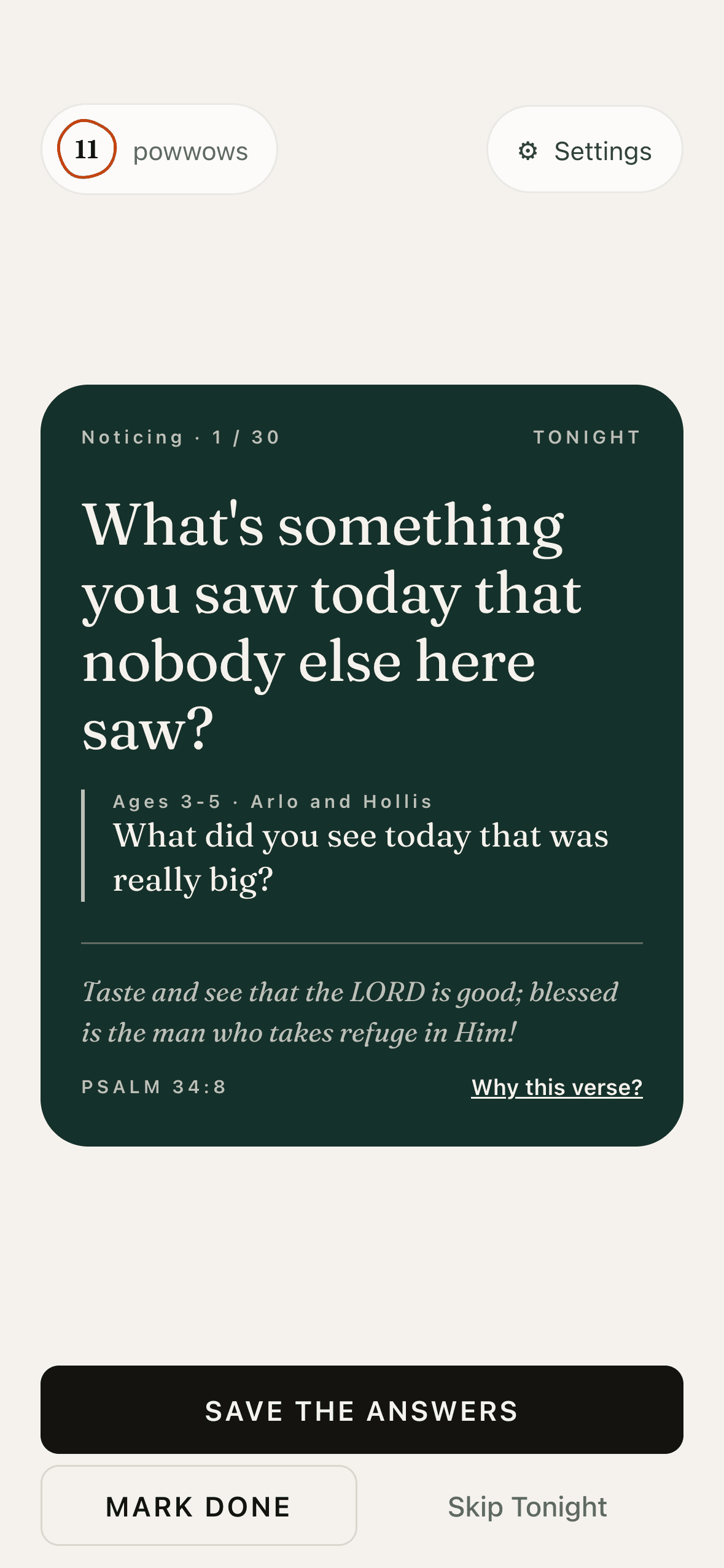 Powwow showing tonight's family question and Bible verse